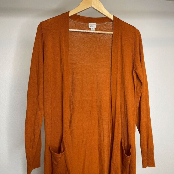 A New Day Orange Duster Cardigan Long Sleeve Open Front Pockets Knit Small - Picture 4 of 8